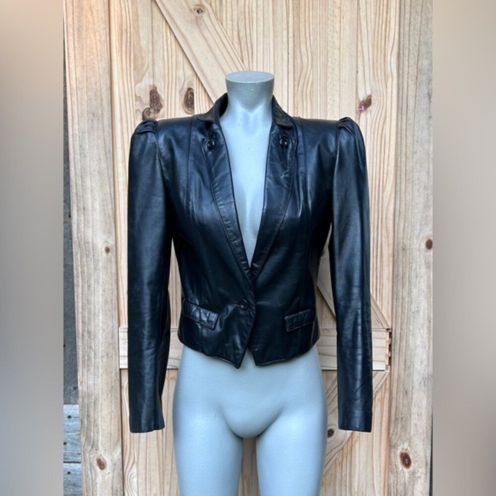 Vintage Retro 70s Wilsons Black Cropped Leather Tuxedo Style Jacket~S~
